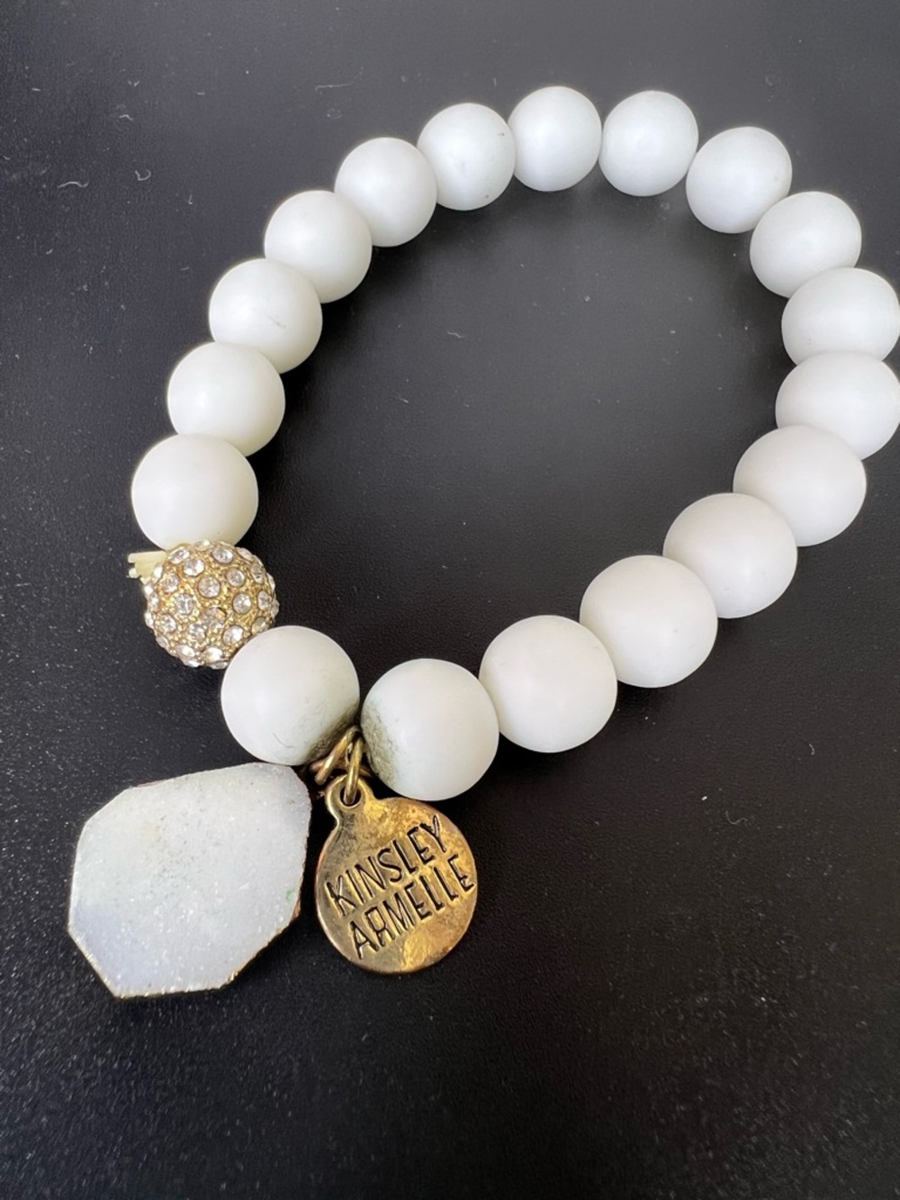 KINSLEY ARMELLE Cream Beaded Druzy Charm Stretch Bracelet with Gold Accents